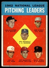 1963 Topps #7 NL Pitching Leaders Drysdale Sanford Purkey Jay Mahaffey O'Dell picture