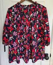 Bloomchic Navy Floral Tunic Blouse Pleated Ruffle Round Neck 3/4 Sleeve Sz 14-16 picture