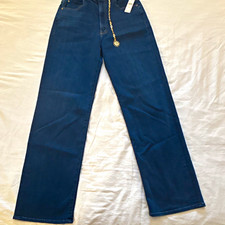 Mother Women's Blue Straight Denim Jeans 5-Pocket Zip/Button Logo Chain NWT picture