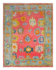 Hand Knotted Oushak Wool Area Rug Coral Pink Turquoise Multicolor Living Decor picture