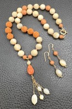 VTG 12K Gold Filled Carved Coral MOP Bead Tassel Necklace Dangle Earrings Set picture