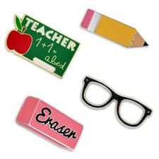 PinMart's School Rules Pencil Eraser Glasses Teacher Enamel Lapel Pin Set picture