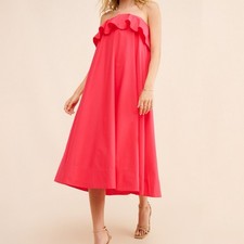 Anthropologie Small Strapless Ruffled Flounce A-Line Midi Dress Fuchsia Pink picture