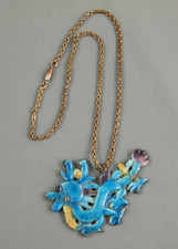 Vintage Chinese Asian Guilloche Enamel Repousse Dragon Pendant Necklace 14