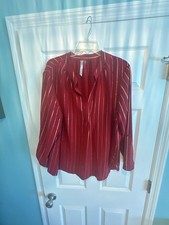NY Collection Petite Long Sleeve Foil Striped Blouse 2X Red Gold picture