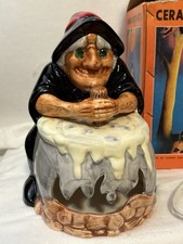 Vtg Bradlees Ceramic Lighted Witch Stirring Cauldron Halloween Decor Mint W Box picture
