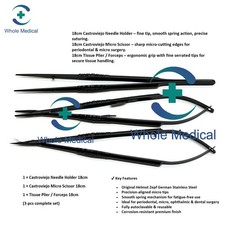 Zepf Helmut 18cm Castroviejo Needle Holder, Scissor, Plier Micro Set Black picture