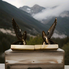 Two VINTAGE ART DECO STYLE BRASS EAGLES BOOKENDS On A MARBLE BASE 7 In Tall picture