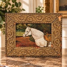 Charming Antique 19th Century Equestrian Oil Painting White Horse Portrait picture