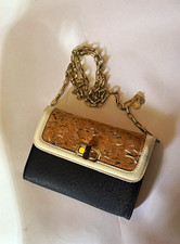 Carol Brodie Women’s Black Cork Flap Shoulder Bag Gold Chain Strap Clasp picture