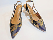 Talbots Sylvie Women Sz6.5M Black Gold Metallic Floral Jacquard Kitten Heel Shoe picture