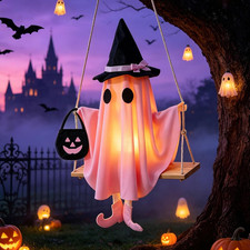 Pink Ghost Halloween Decorations, Swinging Ghost Outdoor Decor with LED picture