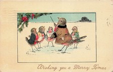 Christmas Birds Choir Carolers Anthropomorphic Signed KH Artist Vtg Postcard I47 picture