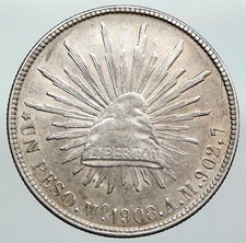 1902 Mo AM MEXICO Large Eagle Sun Antique Mexican OLD Silver Peso Coin i92293 picture