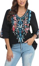 YZXDORWJ Women's Embroidered Mexican Shirt Short Sleeve Blouse 17-2BK Size S picture