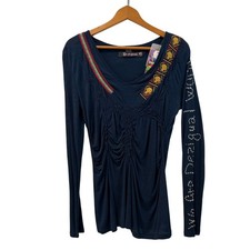 NWT Desigual Women's Embellished V-Neck Tunic Top Navy Blue Long Sleeve Size L picture