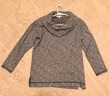 T by Talbots Women L Gray Herringbone Cowl Neck Knit Pullover Top 3/4 Sleeve picture