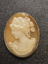Hand Carved Italian Vintage  Shell White Lady Cameo Brooch Pin Necklace Silver picture