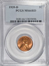 1939-D LINCOLN CENT ~ NICE BRIGHT RED PCGS MS66 RD INV#096 picture
