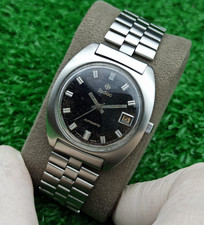 Vintage Zodiac Automatic Watch 1970s Cushion Case Steel Black Stardust Dial Date picture