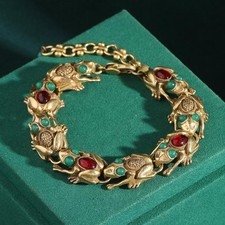 Vintage Toad Bracelet Antique Gold Chain Red Green Glaze Women Jewelry picture