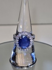 Oval Natural GIA Blue Sapphire Diamond Halo Ring 14k White Gold Size 6.5 picture