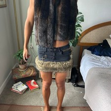 Romwe y2k ROMWE Studded Faux Fur Denim Mini Skirt XXS 0 Black Grunge Punk Y2K picture