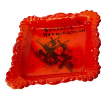 HENNING MN MINNESOTA ANTIQUE Souvenir DEPRESSION ORANGE RED Glass TRINKET DISH picture