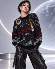 Vintage 1970s Space Age Sweater Acrylic Cosmic Astronaut Rare Graphic Knit picture