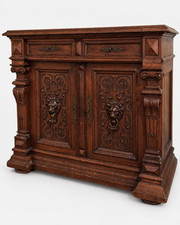Antique Ornate Carved Wood Sideboard Buffet Lion Head Pulls picture