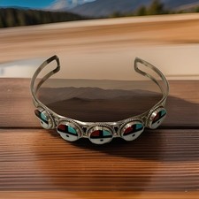 Vintage Zuni Sunface Cuff Bracelet Sterling Silver Multicolor Inlay 5 Face 7.25” picture