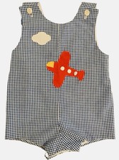 Boy’s 6 Months Romper Blue White Seersucker Jumper Red Airplane Appliqué Vintage picture