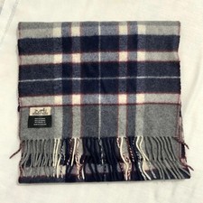Hermès 100% Cashmere Plaid Fringe Rectangle Men’s Scarf Gray Navy picture