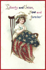Vtg Clapsaddle July 4th Girl Sewing American Flag Embellished A/S PC Emb c1911 picture