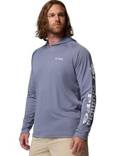 COLUMBIA PFG Mens Sz Medium Purple Stretchy Athletic Hooded Shirt Thumbholes picture