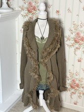 Alfani Women's Cardigan Sweater Fairy Fur Trim Duster Open Front Long Sleeve L picture