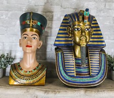 Large Egyptian Pharaoh King Tut And Queen Nefertiti Bust Statue Set Of 2 Decor picture