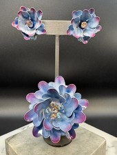 Vintage Coro Blue Purple Enamel Flower Brooch Earrings Set Rhinestone Clip On picture