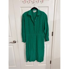 Vintage 80s Silk Studio 8 Emerald Green 100% Silk Jacquard Midi Shirt Dress picture