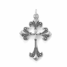 Oxidized Fleur-De-Lis Cross Pendant 925 Sterling Silver picture