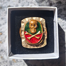 Vintage 1940s Mexican Biker Ring Skull Crossbones Red Green Enamel Size 9 38.8g picture