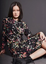 H&M: Black Colorful Floral Twist-Front Midi/Maxi Long Sleeve Dress Women's L picture