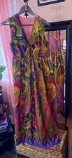 Vintage 70s Psychedelic Paisley Floral Maxi Dress Pink Purple Boho Hippie S picture