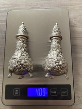 Stieff Rose Repousse Sterling Silver Salt & Pepper Shakers 4.5” picture
