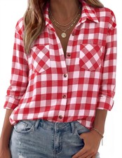 Womens Flannel Shirts Long Sleeve Button Down Casual Fall Plaid Top picture