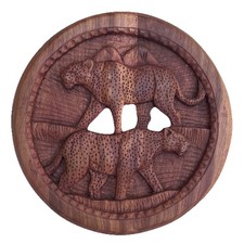 Hand Crafted Wooden Circular Mexican Folk Art Featuring Two Leopards 14 inch picture