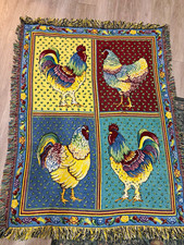 Vintage Woven Tapestry Rooster Chicken Fringed Cottagecore picture