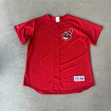 Cleveland Indians MLB USA Made Vtg Majestic Unisex Jersey Red Pinstripe Size XL picture