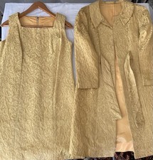 Vintage Gold 1960’s Floral Brocade 2pc Skirt Suit Set Lined Jacket & Dress picture