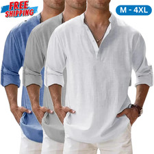 Men's Lightweight Cotton Linen Long Sleeve Henley Beach Shirt T-shirt Tee Gift picture